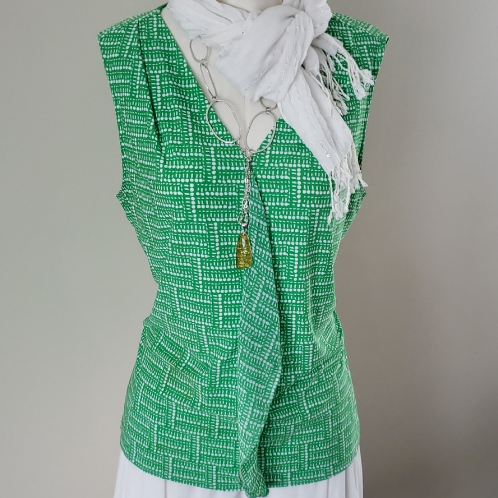 Roz & Ali Sleeveless Dress Tank Top Womens Large Green and White Print